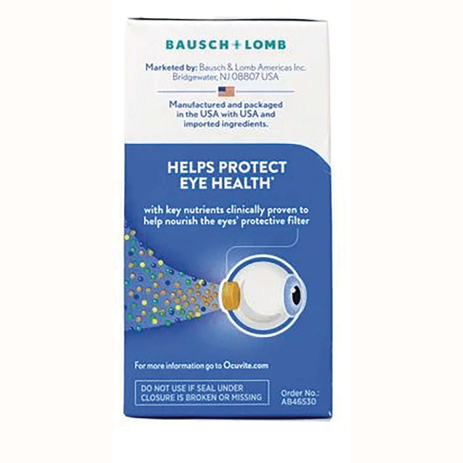 BNL015 | Back of Bausch + Lomb supplement box with HELPS PROTECT EYE HEALTH text and eye illustration