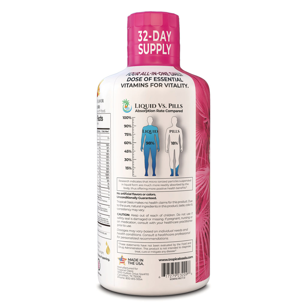 TPL028 | Back label showing Liquid vs. Pills absorption chart (98% vs 18%), 32-day supply callout and supplement facts - Thumbnail