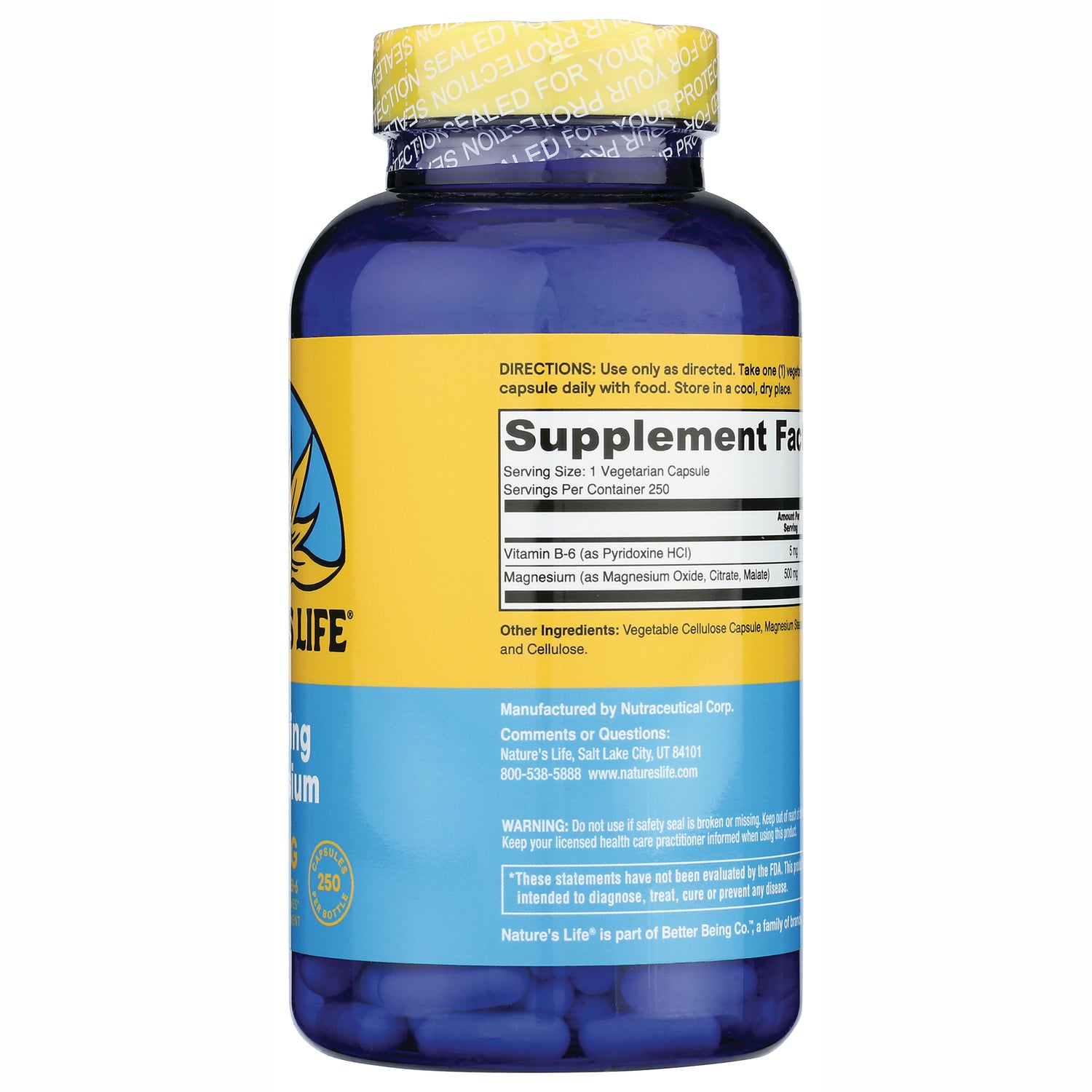 NSL004 | Back of blue supplement bottle showing Supplement Facts panel, directions, manufacturer info and visible capsules