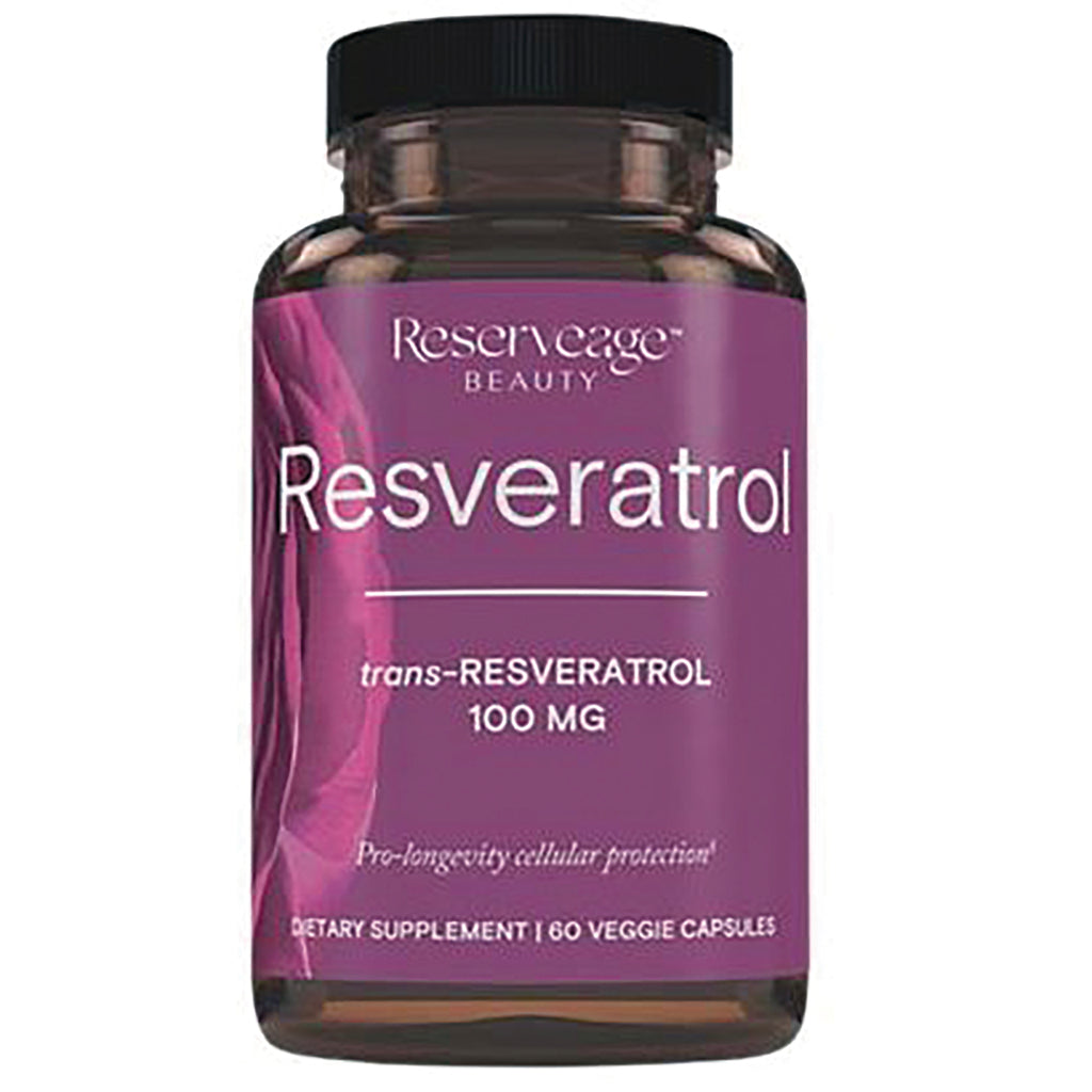 RSA004 | Resveratrol supplement bottle with purple label reading trans-RESVERATROL 100 MG and 60 veggie capsules - Thumbnail