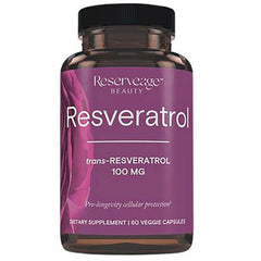 RSA004 | Resveratrol supplement bottle with purple label reading trans-RESVERATROL 100 MG and 60 veggie capsules