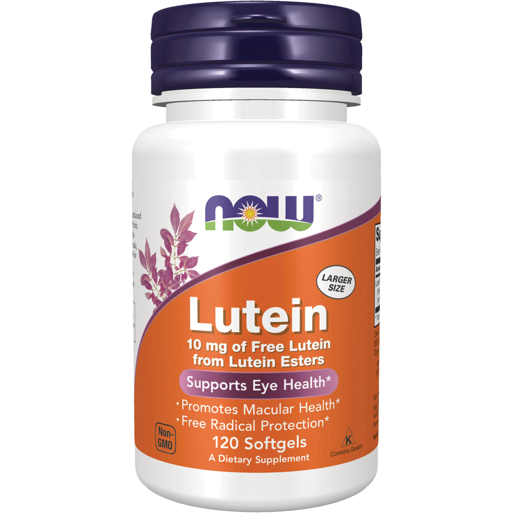 NWF330 | NOW Lutein 10 mg supplement bottle, 120 softgels, orange label supporting eye health - Thumbnail