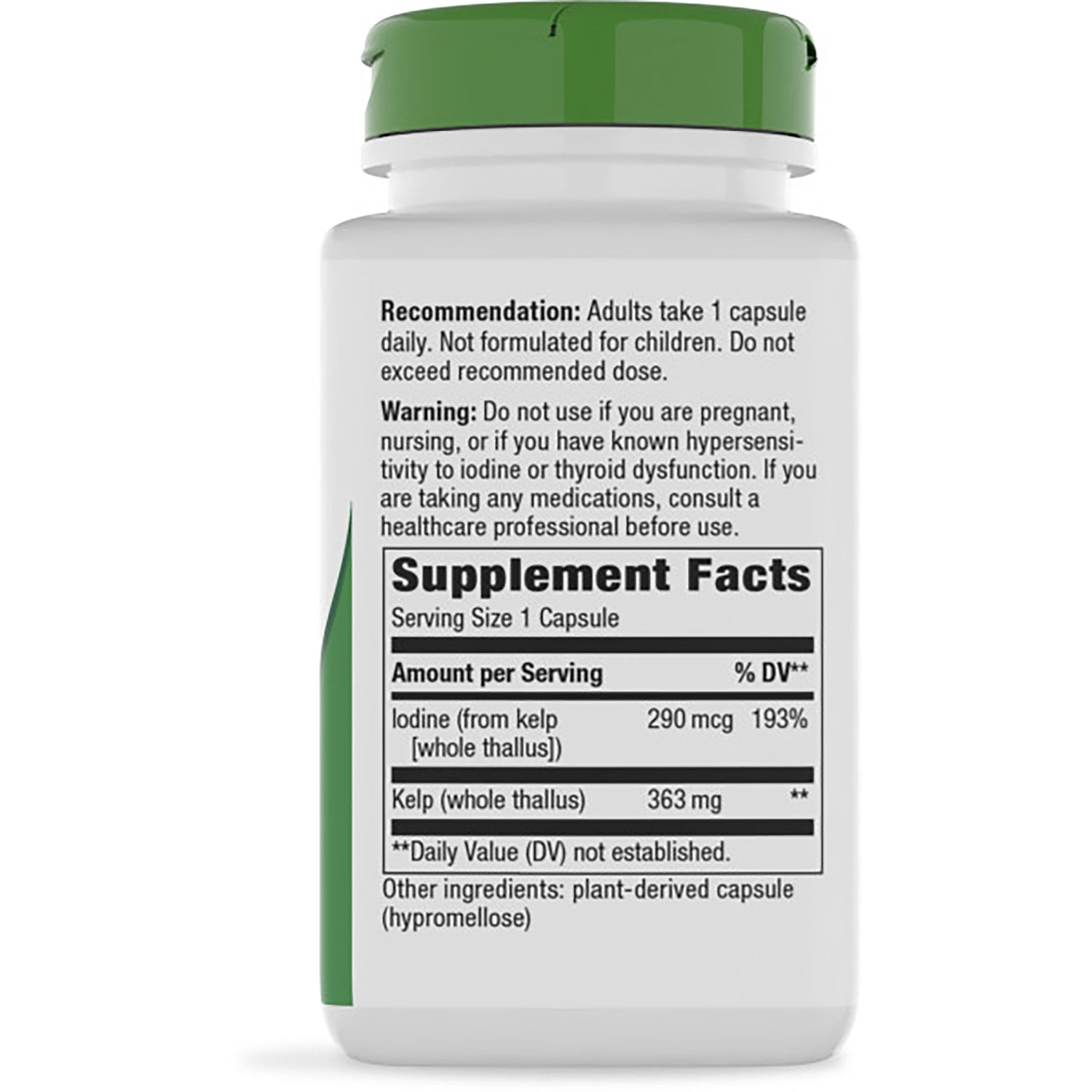 NW153 | Back label of brown supplement bottle with green cap showing Supplement Facts panel, dosage and warnings