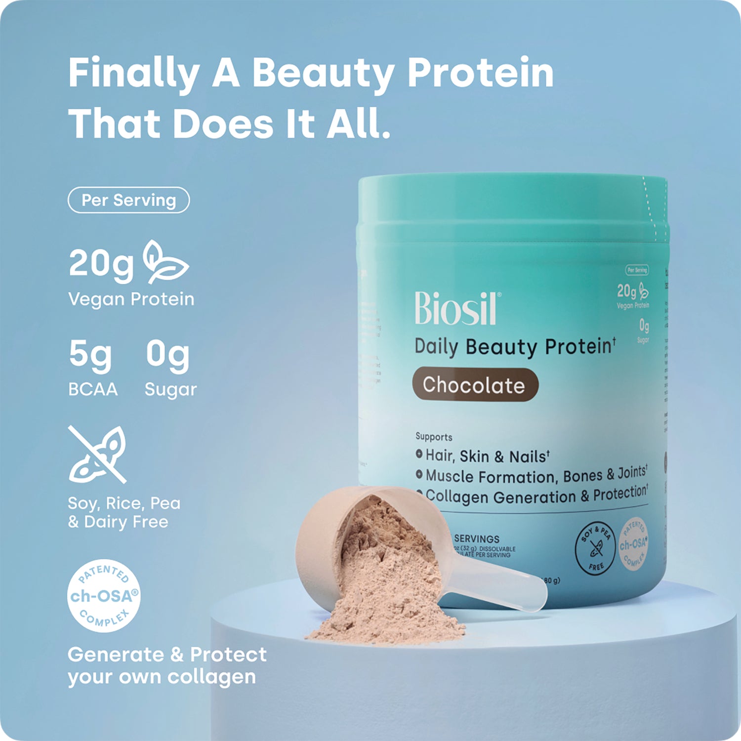 NFC221 | Biosil Daily Beauty Protein chocolate powder container with scoop and product benefits