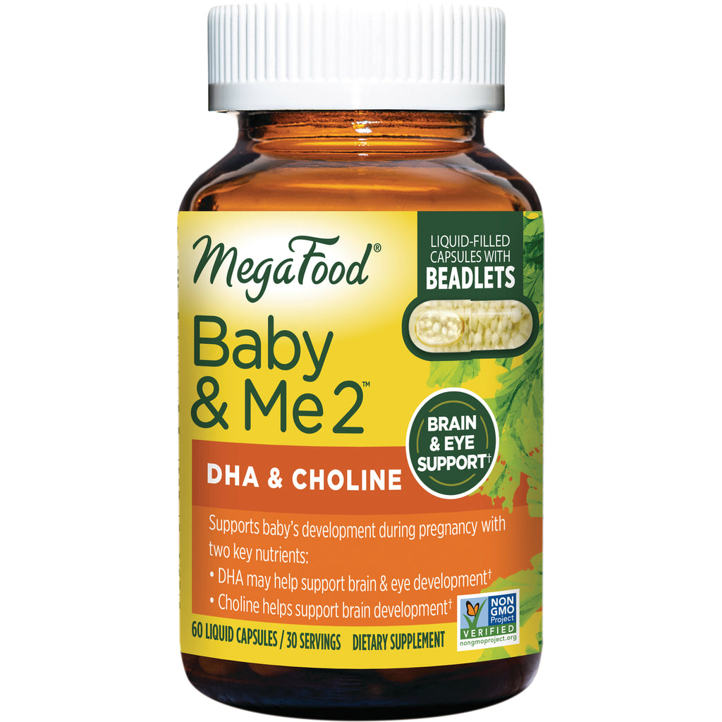 MGF102 | MegaFood Baby & Me 2 DHA & Choline bottle with label showing liquid-filled capsules and white cap - Thumbnail