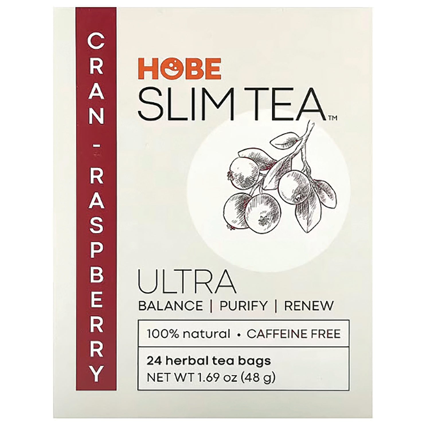 HBL009 | Hobe Slim Tea Ultra cranberry raspberry box showing 24 herbal tea bags, 100% natural caffeine free