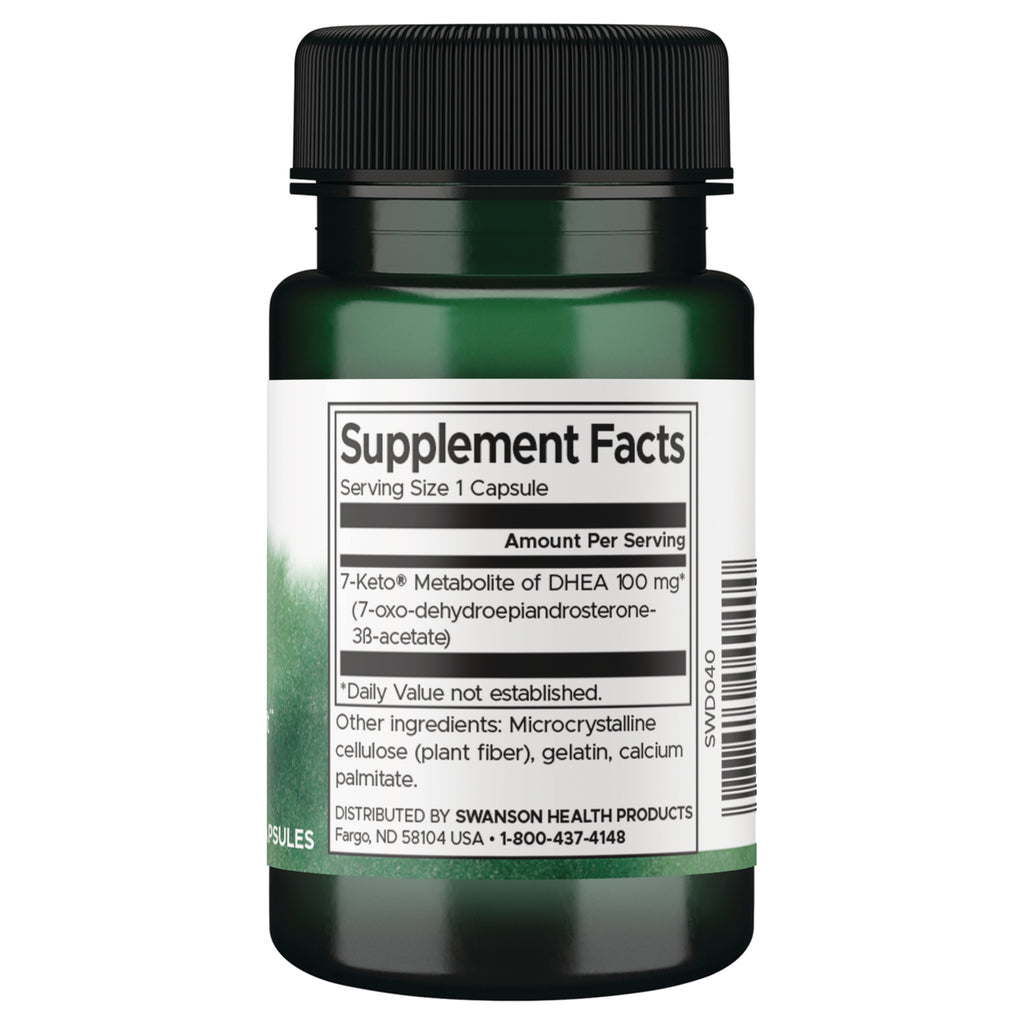 SWD040 | Back label with Supplement Facts panel, serving size 1 capsule, 7-Keto Metabolite of DHEA 100 mg - Thumbnail