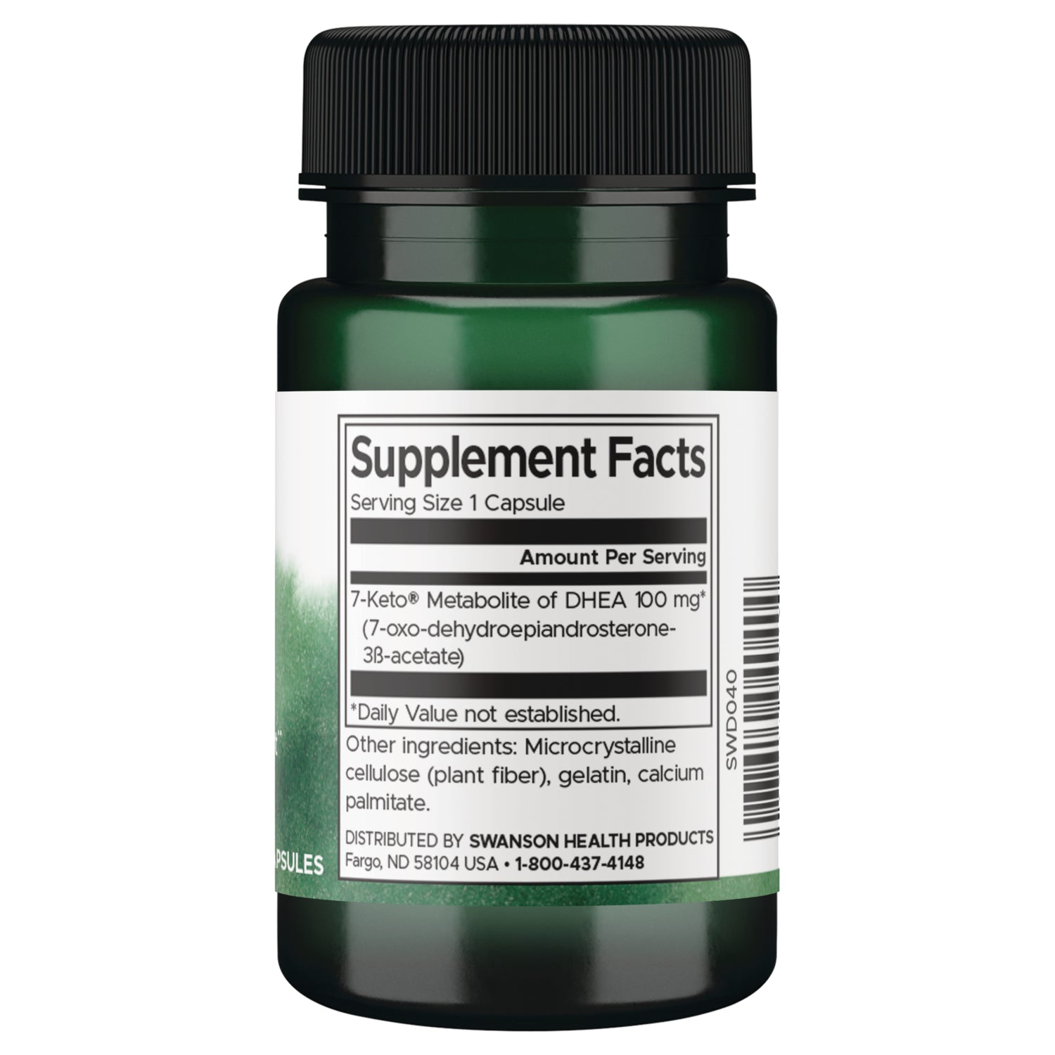 SWD040 | Back label with Supplement Facts panel, serving size 1 capsule, 7-Keto Metabolite of DHEA 100 mg