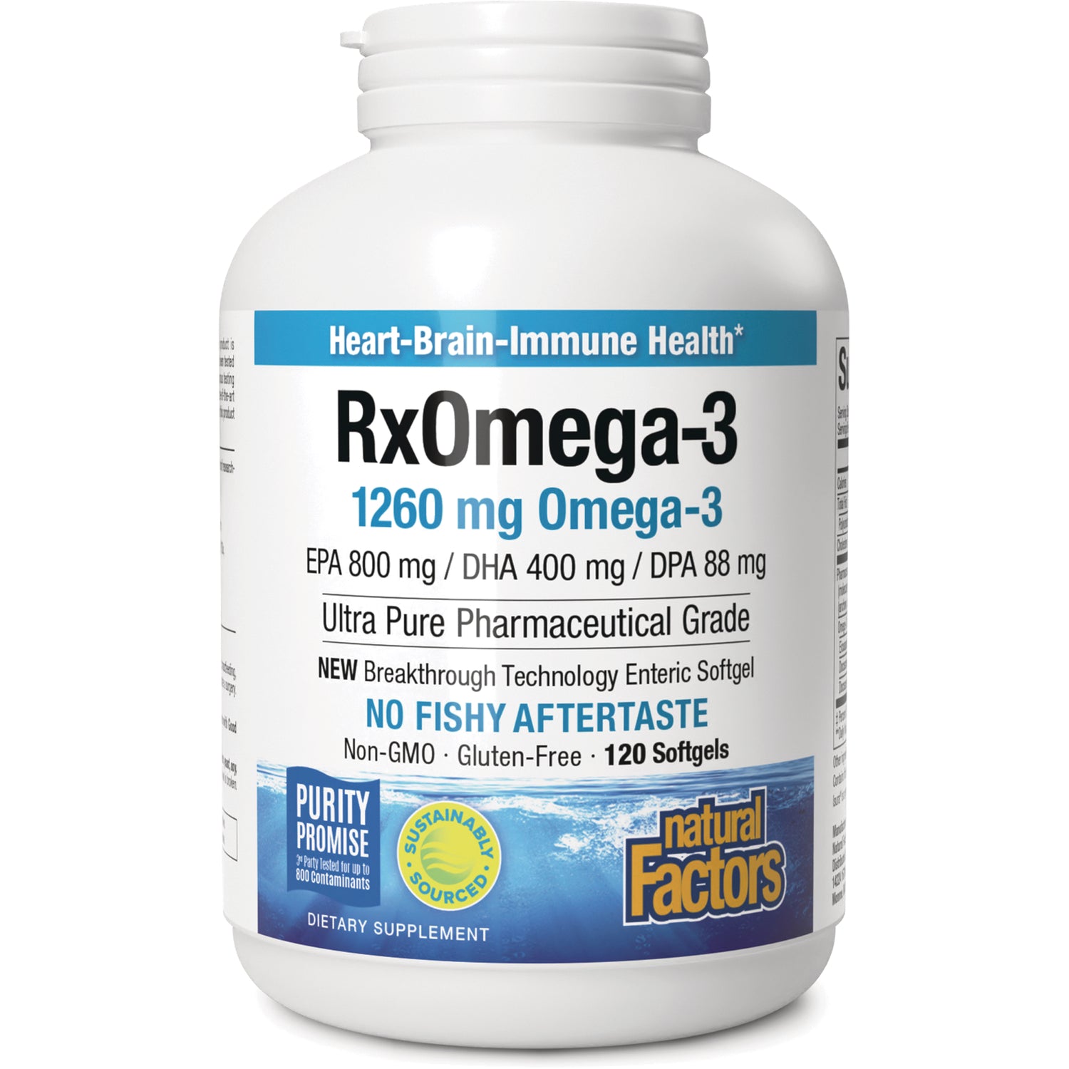NFC034 | RxOmega-3 1260 mg omega-3 softgels bottle, Natural Factors label, No fishy aftertaste, 120 softgels