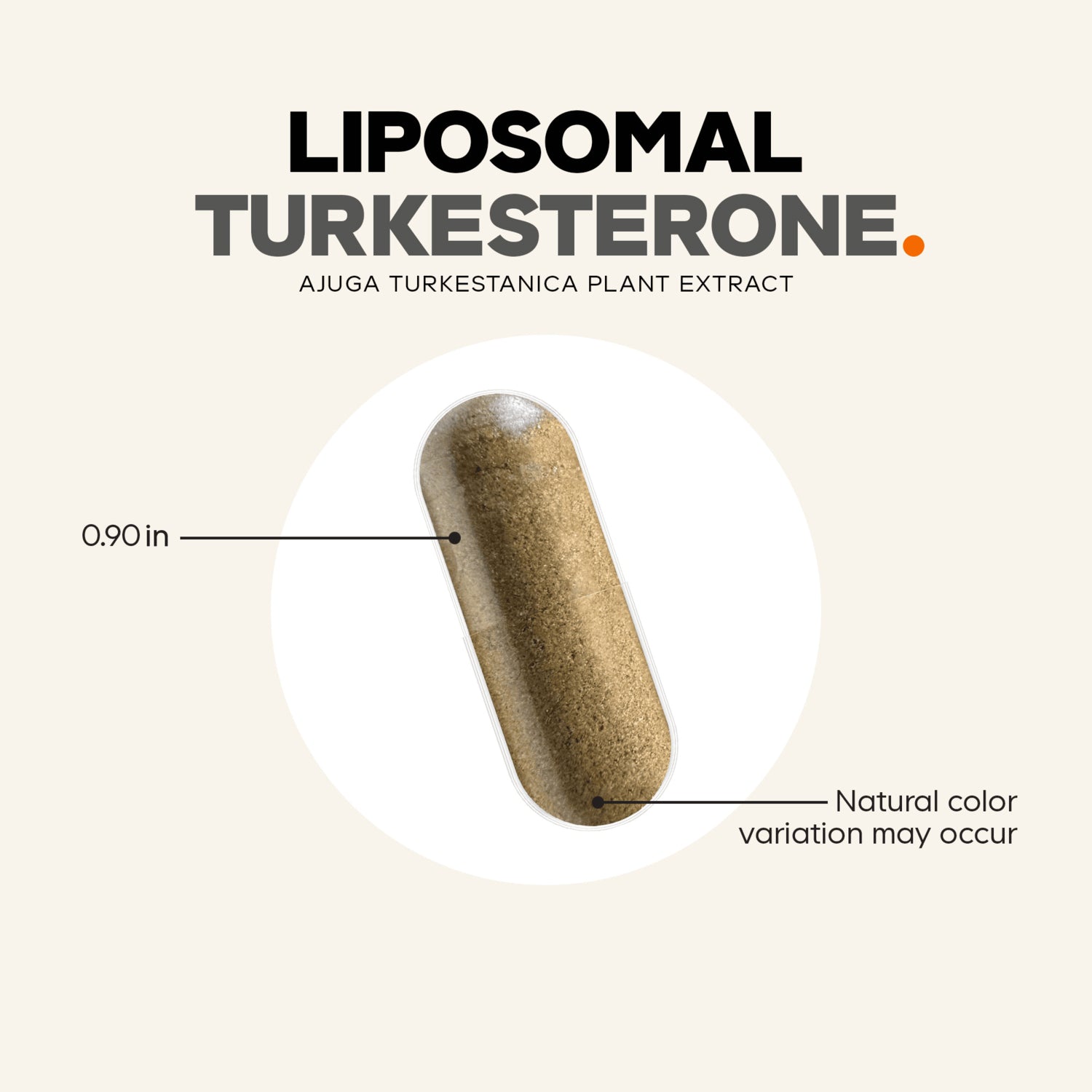 CDG008 | Liposomal Turkesterone capsule infographic showing 0.90 in size and natural color variation may occur