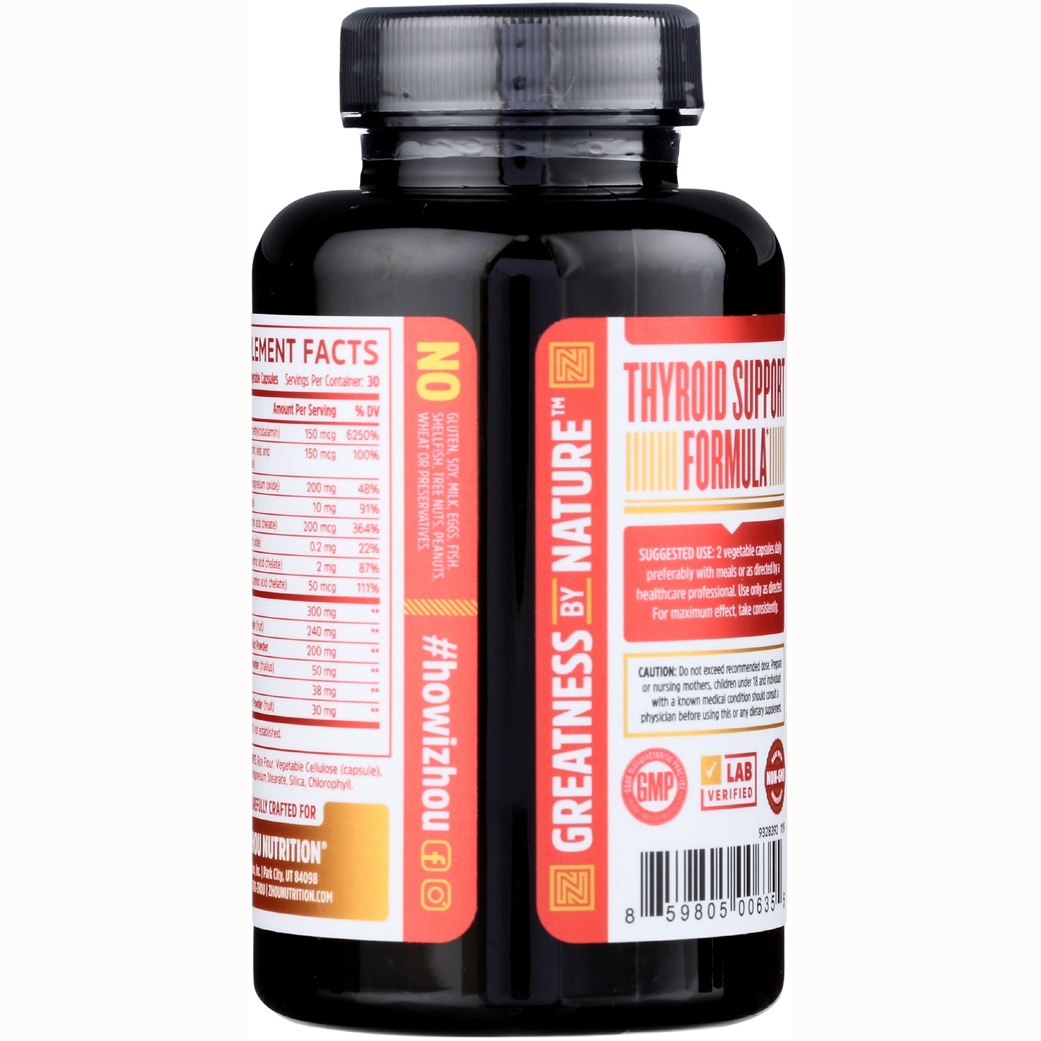 ZOU009 | Back of supplement bottle showing Thyroid Support Formula label and Supplement Facts panel