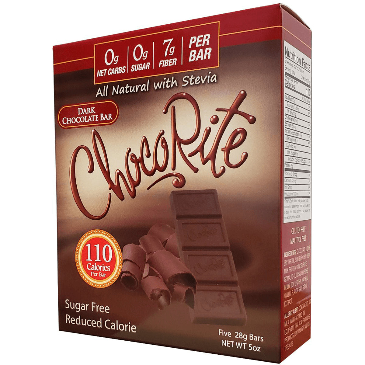 CHR008 | ChocoRite dark chocolate bar box front showing 110 Calories per bar and side nutrition panel
