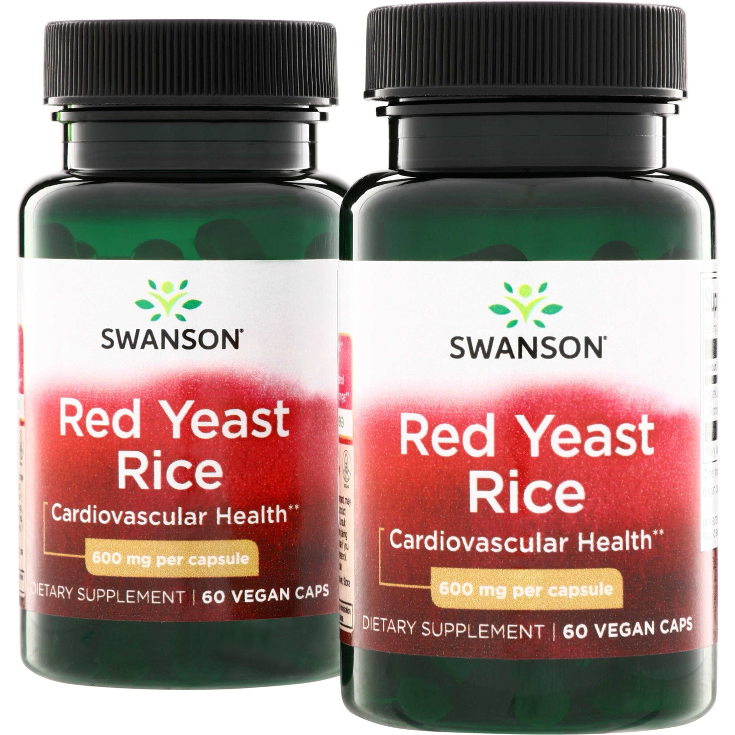 SWU1090 | Swanson Red Yeast Rice supplement, 600 mg per capsule, 60 vegan caps, front of two bottles