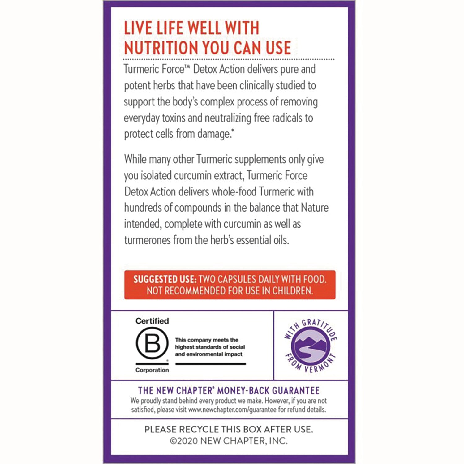 NWC305 | Back panel with product information and suggested use: two capsules daily with food; not recommended for children