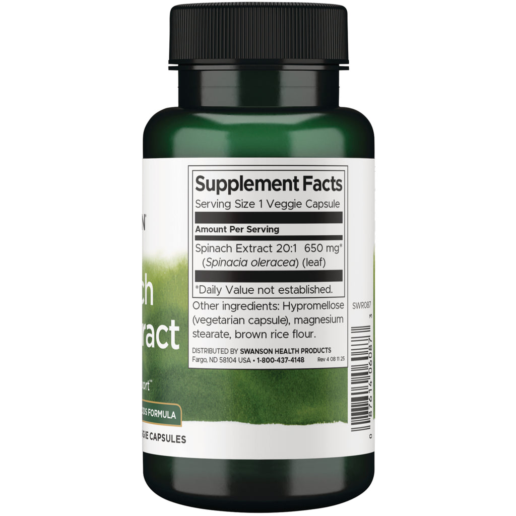 SWR087 | Back label showing Supplement Facts: Spinach Extract 20:1 650 mg, Serving Size 1 veggie capsule - Thumbnail