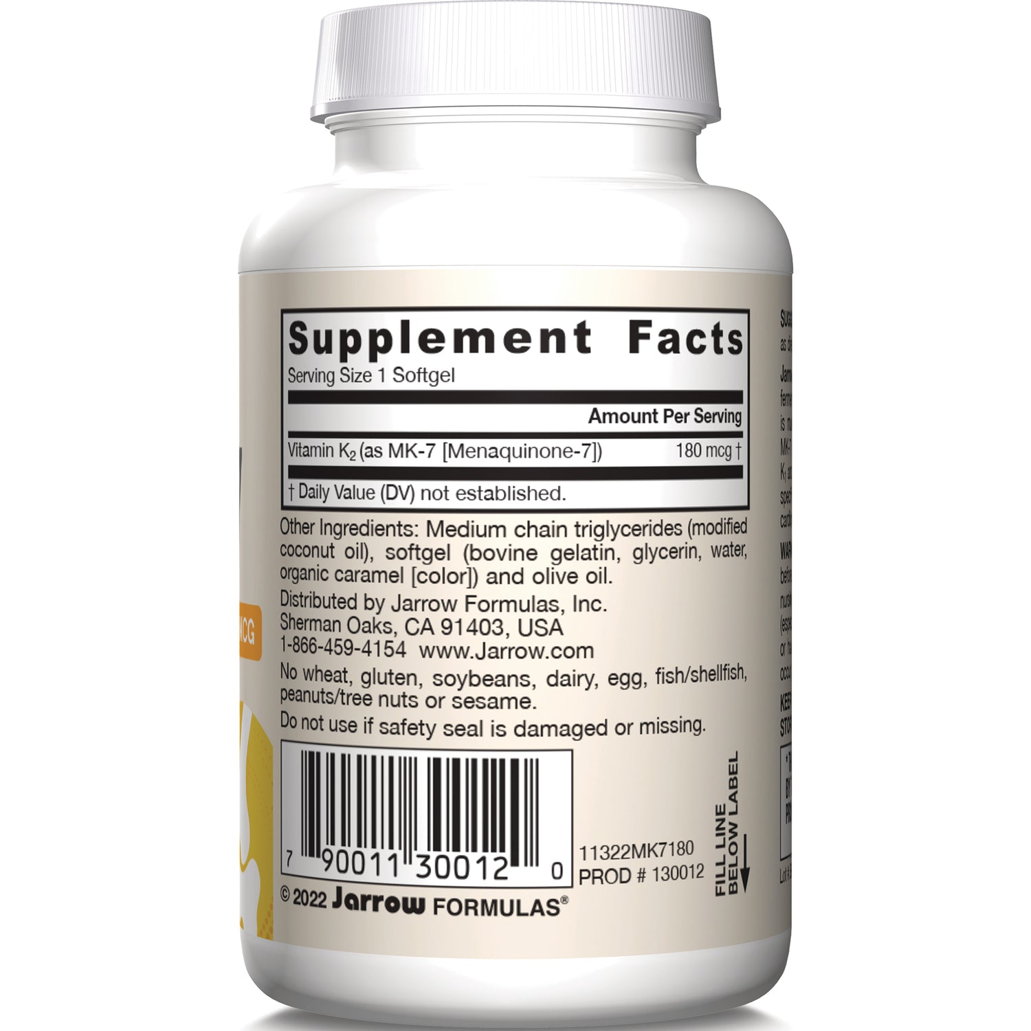 Supplement Facts panel and ingredients on back of Jarrow Formulas softgel bottle showing serving size and barcode