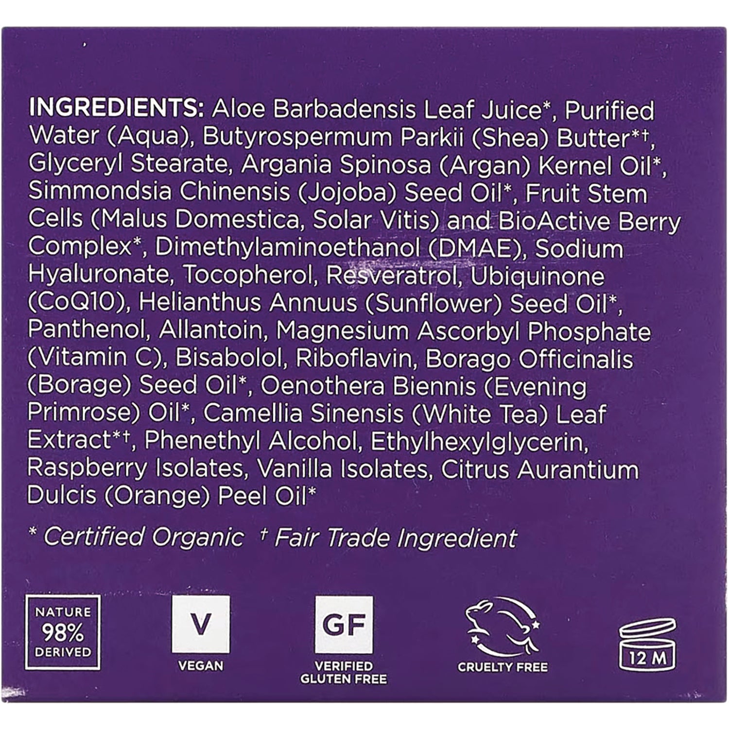 ADN032 | Back panel with ingredients list and icons for vegan, verified gluten free, cruelty free, 12M