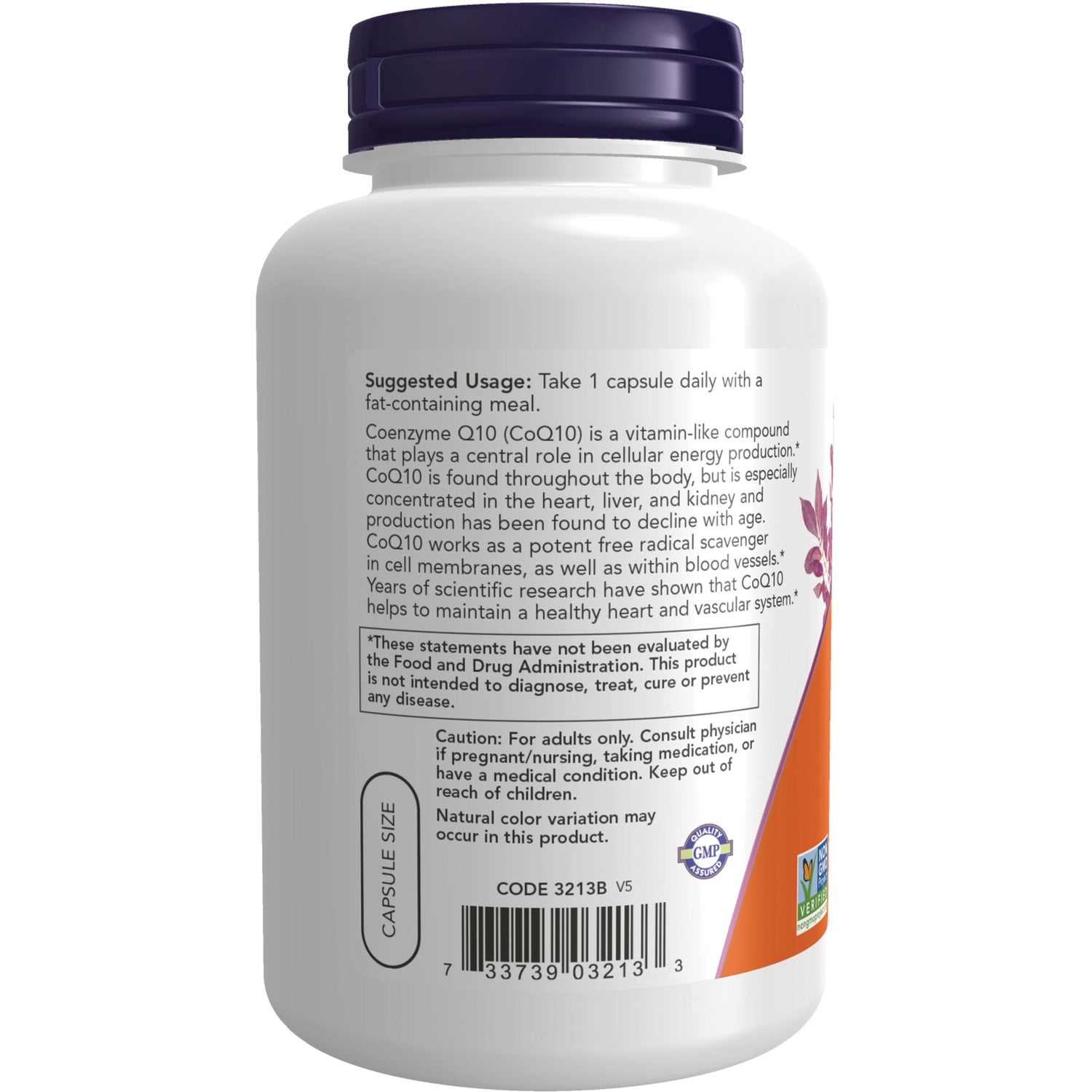 NWF1043 | Back label of white supplement bottle showing suggested usage, cautions, barcode and capsule size