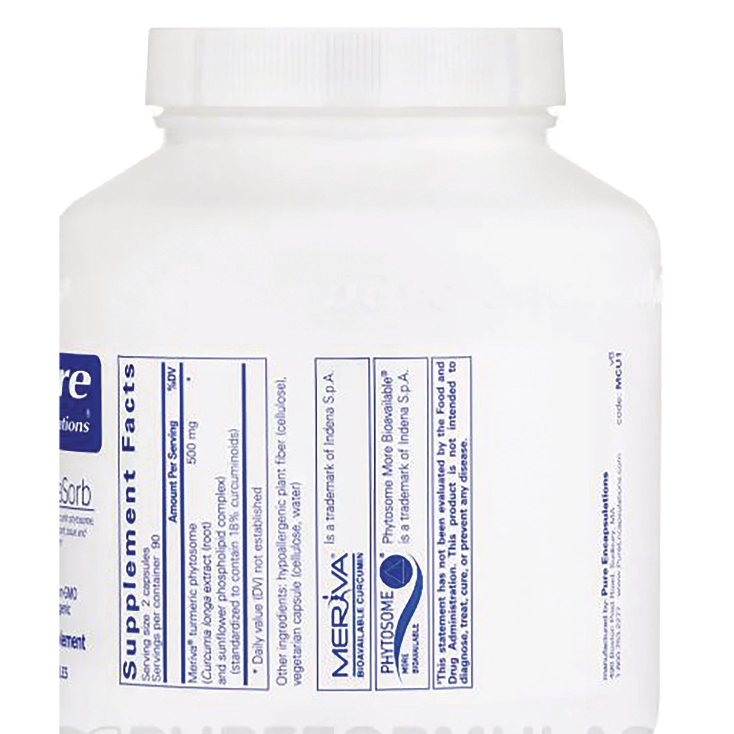 PRN170 | Back of white supplement bottle showing Supplement Facts panel and MERIVA Phytosome logo