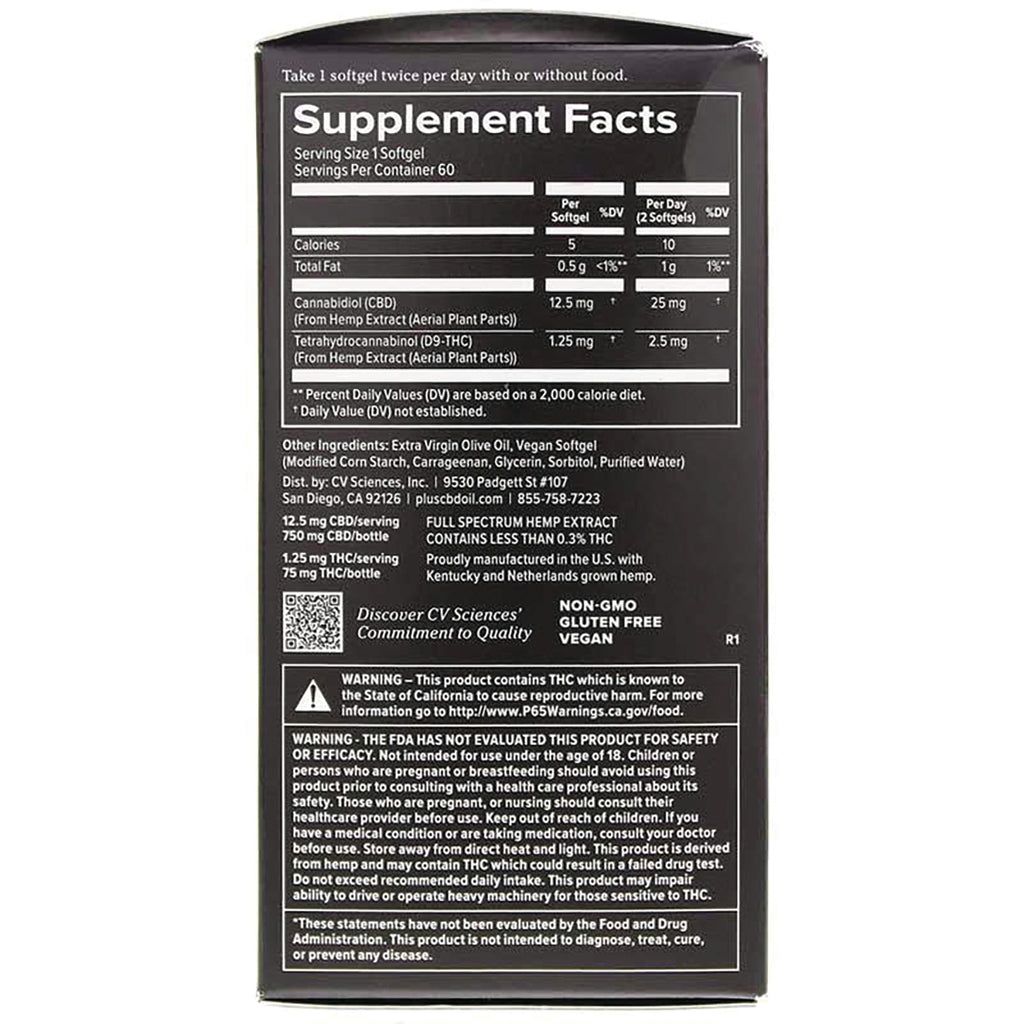 Supplement Facts panel and ingredient label on black box, showing CBD and THC amounts, warnings, and non-GMO gluten free vegan badges - Thumbnail