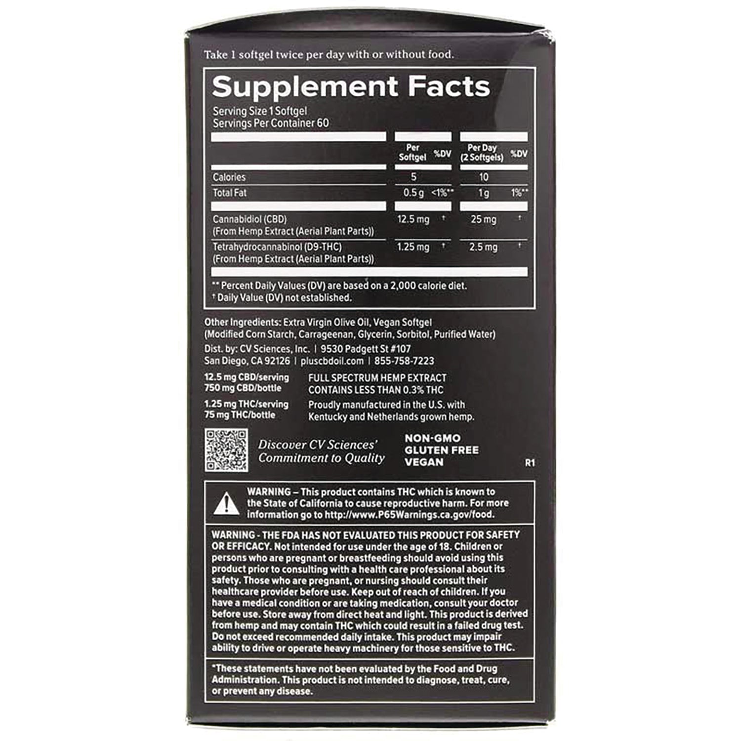 Supplement Facts panel and ingredient label on black box, showing CBD and THC amounts, warnings, and non-GMO gluten free vegan badges