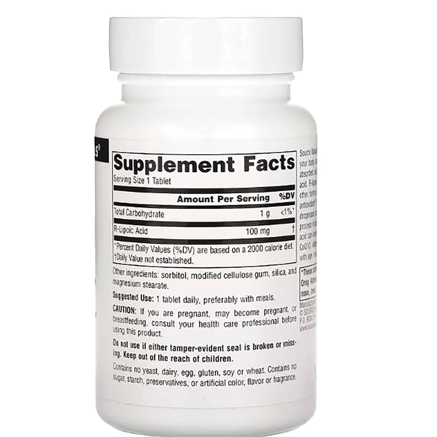 Supplement Facts label on back of white supplement bottle showing serving size, amounts, and ingredient list