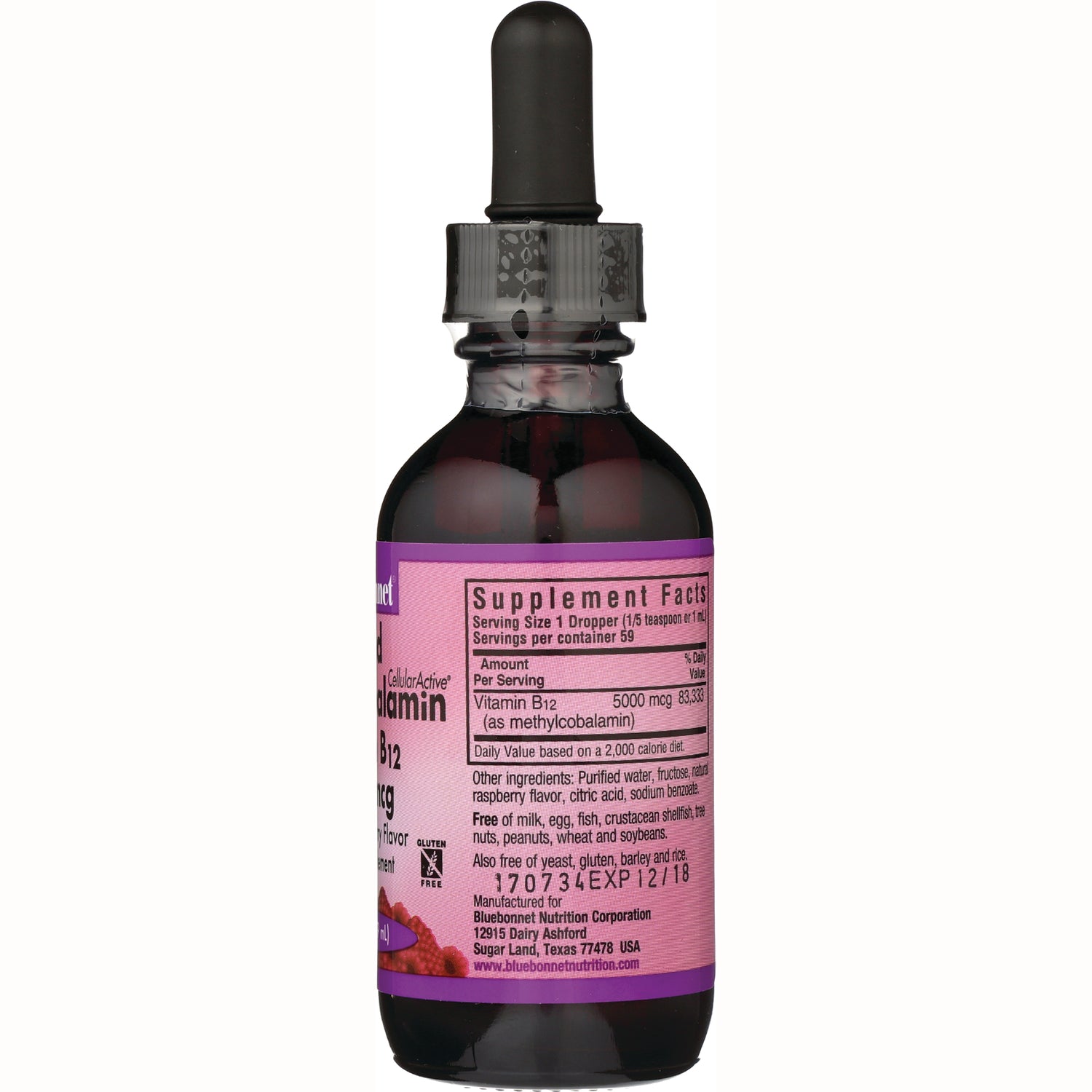 BLU095 | Back of dropper bottle showing pink supplement facts label for Vitamin B12 and ingredients