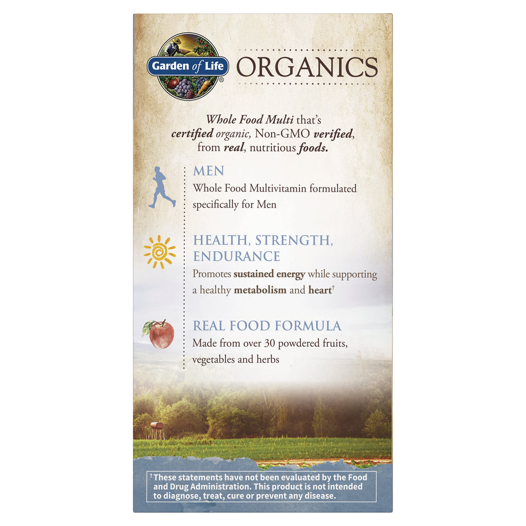GLF181 | Garden of Life Organics product infographic for Men whole food multivitamin highlighting health, strength, endurance and real food formula - Thumbnail
