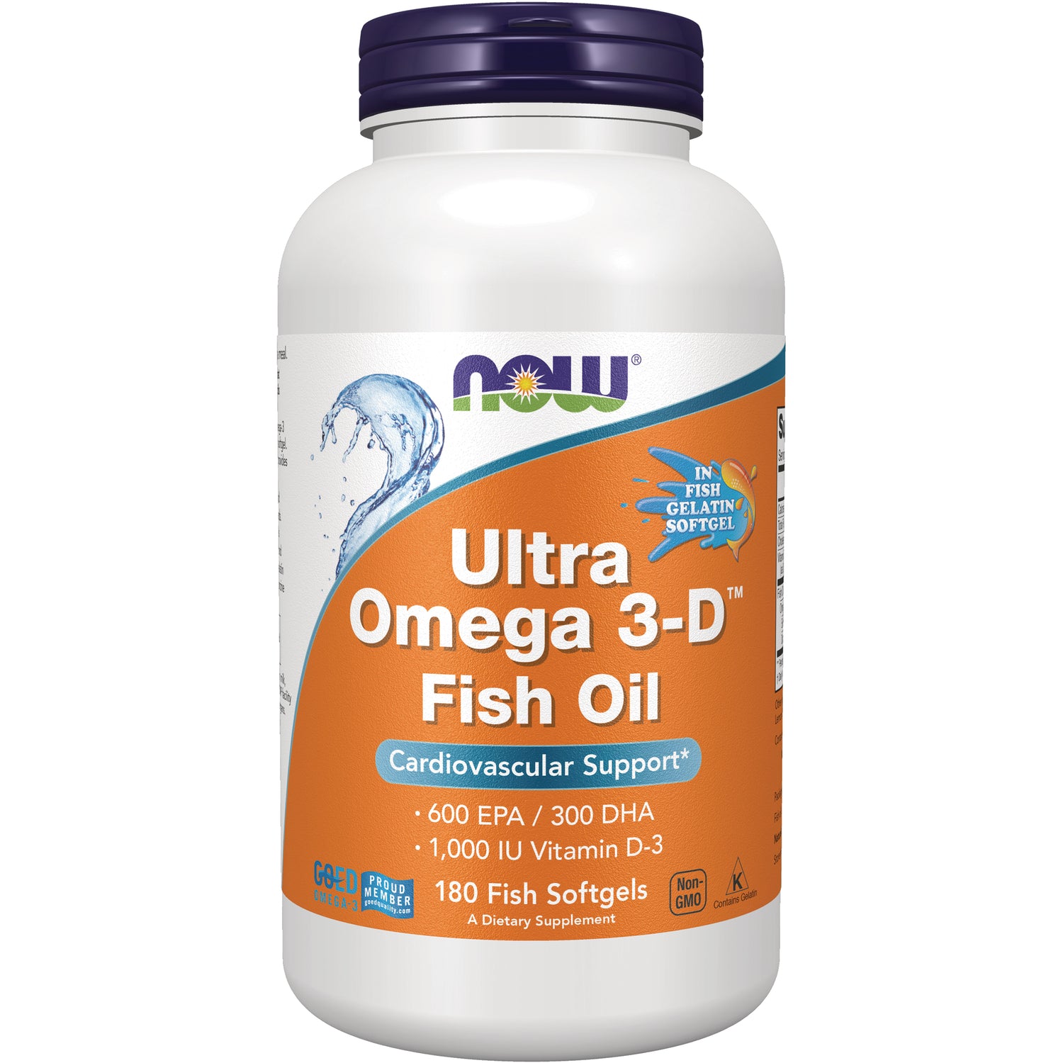 NWF1321 | NOW Ultra Omega 3-D Fish Oil white bottle with orange label, Cardiovascular Support, 180 fish softgels