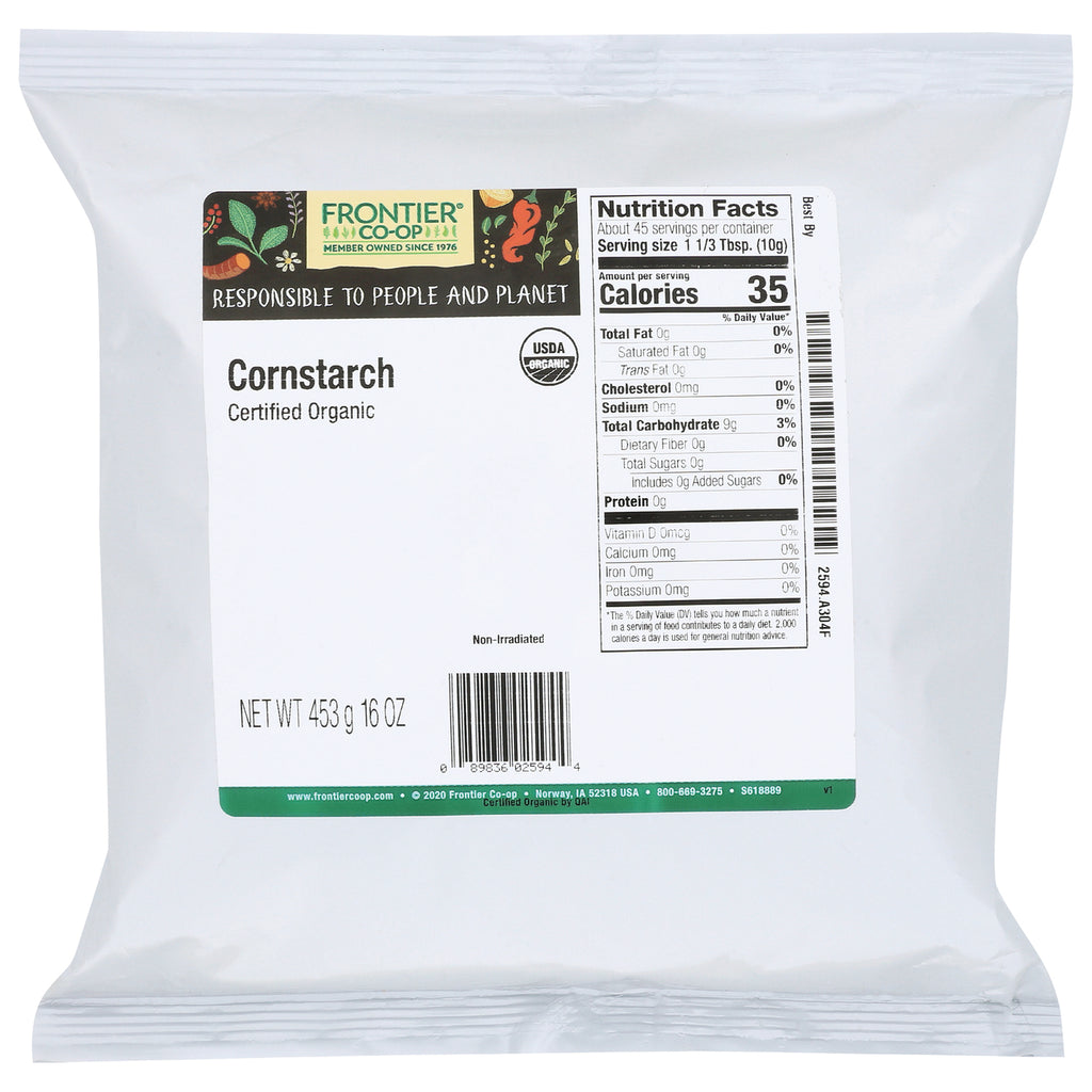 FNP180 | Back of Frontier Co-op cornstarch bag showing nutrition facts, Certified Organic label and NET WT 453 g 16 OZ - Thumbnail