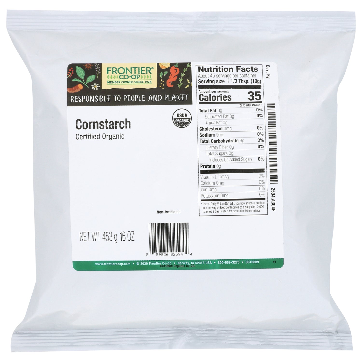 FNP180 | Back of Frontier Co-op cornstarch bag showing nutrition facts, Certified Organic label and NET WT 453 g 16 OZ