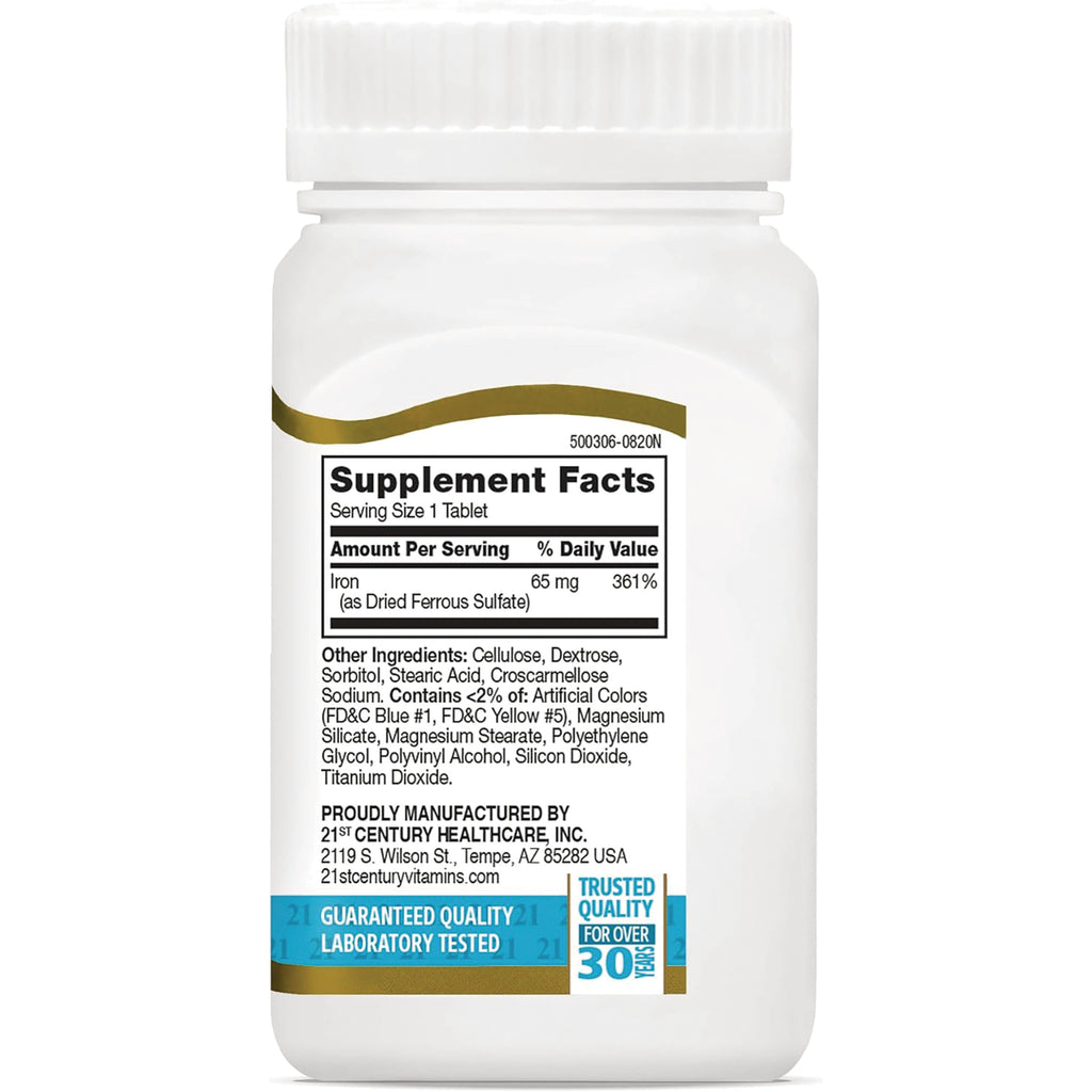 CNT280 | Back label of white supplement bottle showing Supplement Facts with Iron 65 mg 361% and ingredient list - Thumbnail