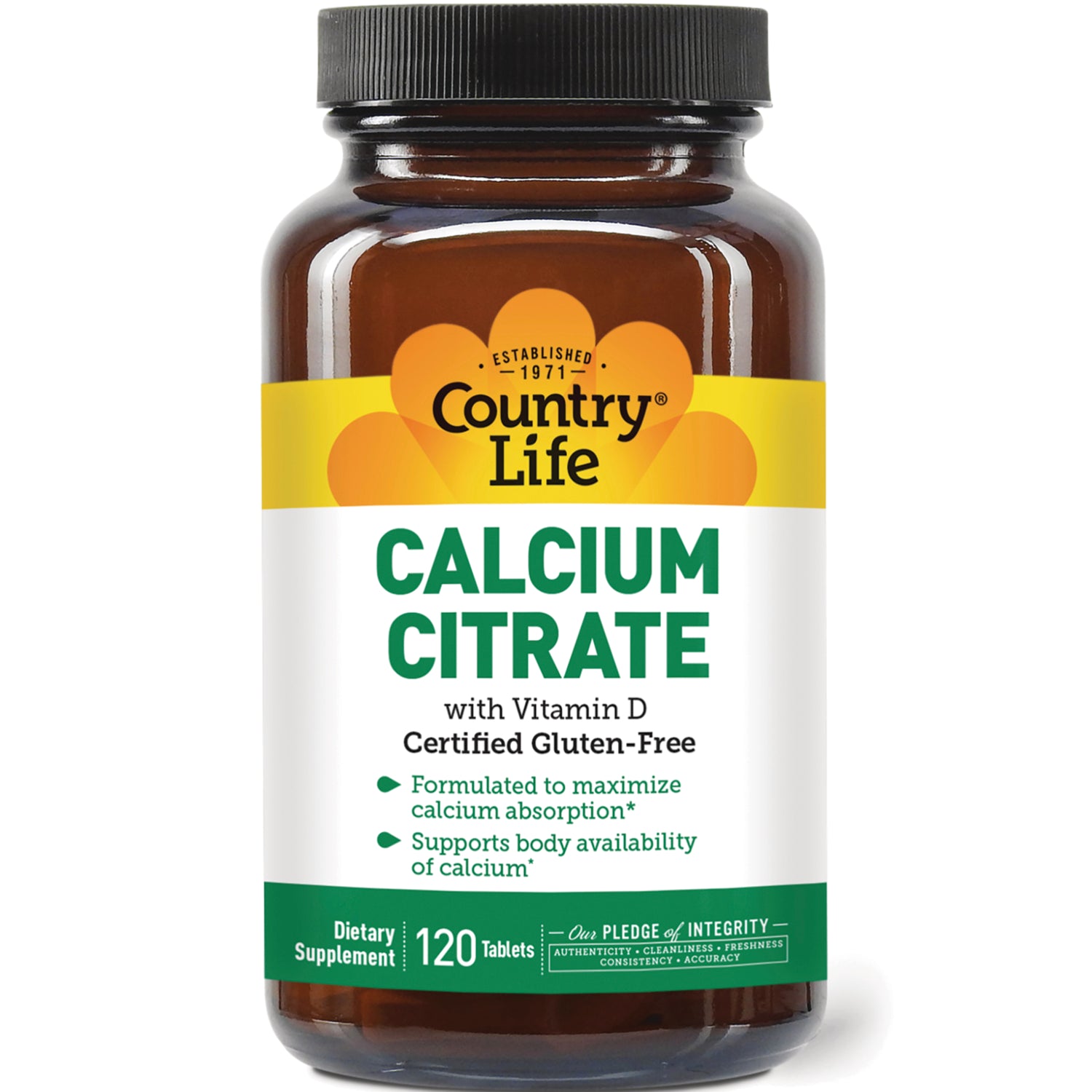CRL422 | Country Life Calcium Citrate with Vitamin D dietary supplement bottle, 120 tablets