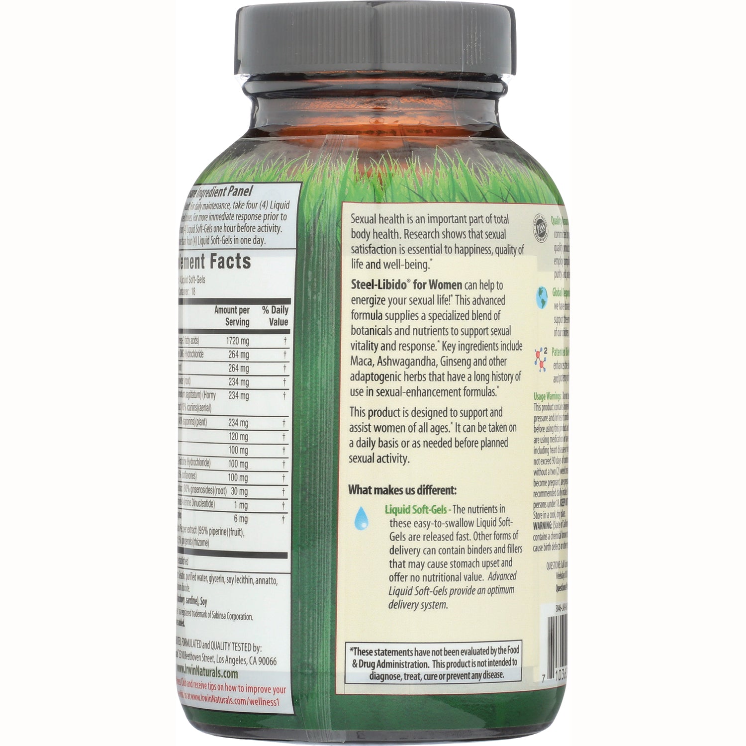 IR066 | back label of supplement bottle showing Supplement Facts panel, product description and usage information