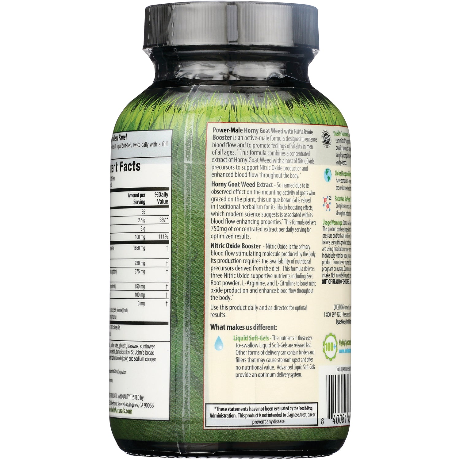 IR257 | Back label of green supplement bottle showing supplement facts, ingredients, and usage information