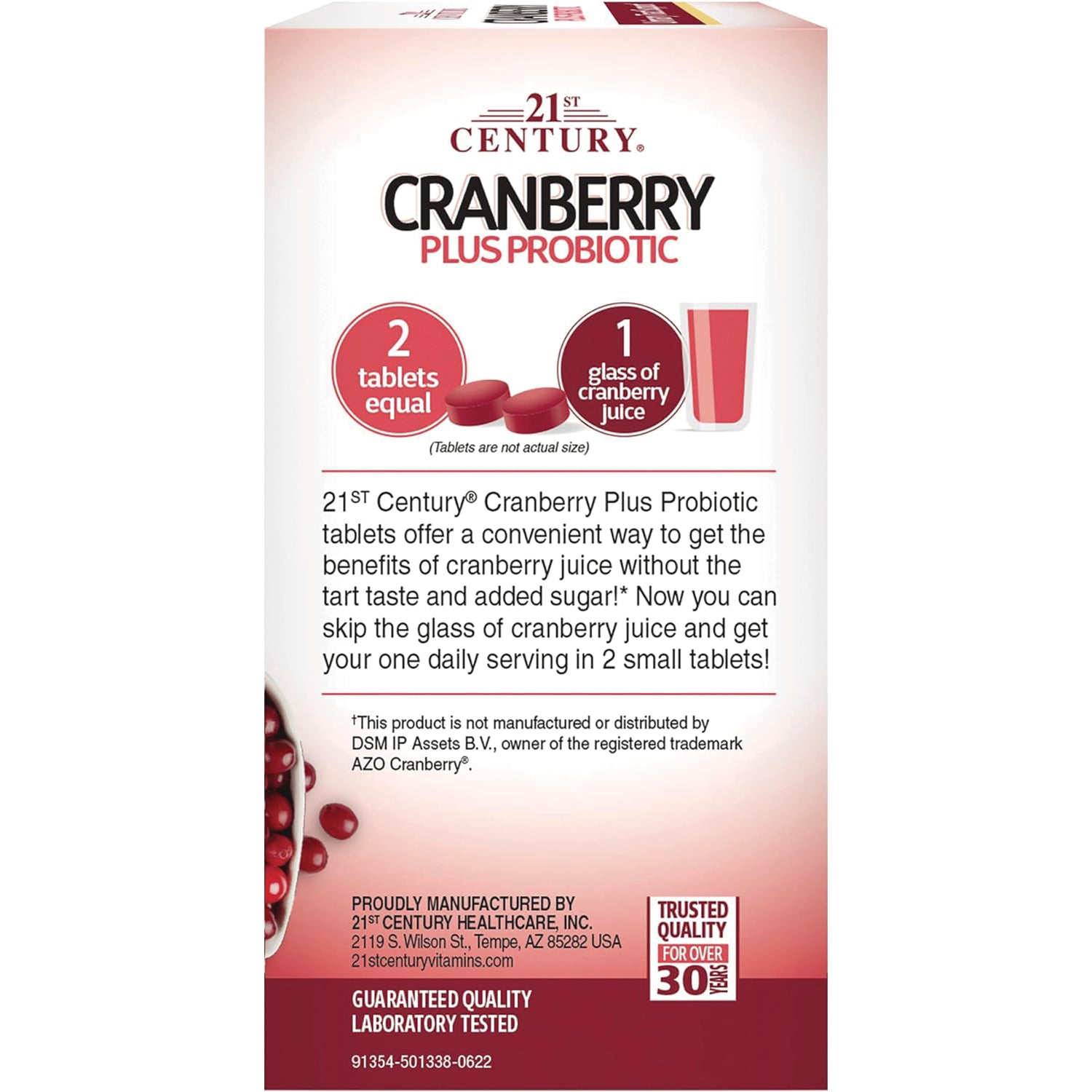 CNT271 | infographic showing Cranberry Plus Probiotic stating 2 tablets equal 1 glass of cranberry juice and product benefits