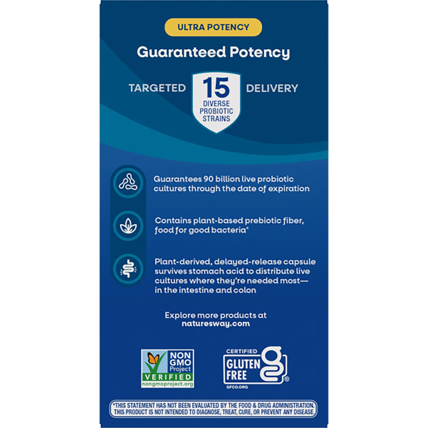 NW805 | navy-blue product box back showing Guaranteed Potency heading, probiotic bullet points and small regulatory text