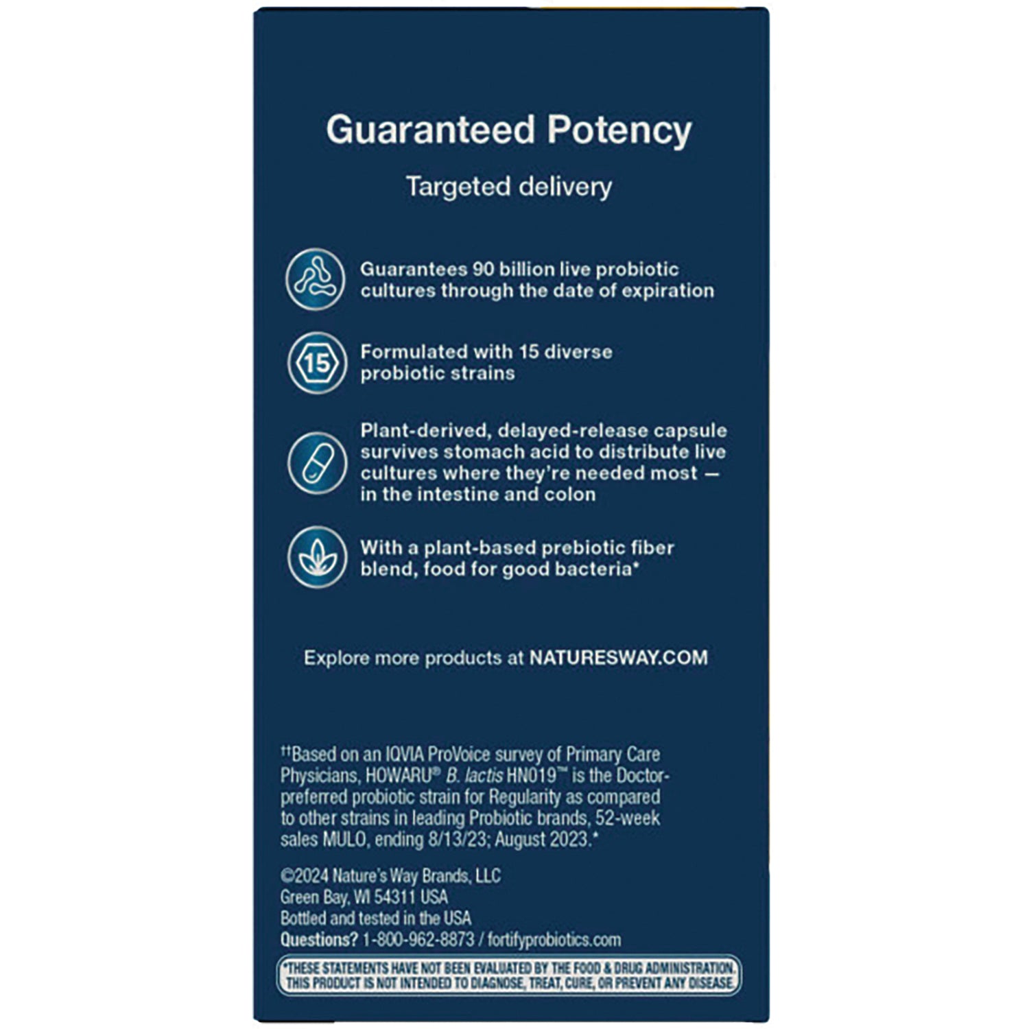 NW805 | navy-blue product box back showing Guaranteed Potency heading, probiotic bullet points and small regulatory text