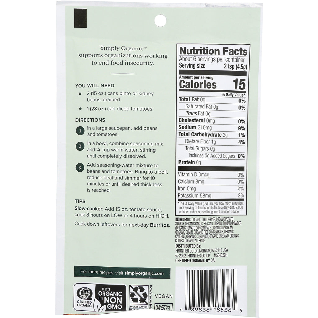 SMP046 | Back of Simply Organic packet with Nutrition Facts, ingredients, and cooking directions - Thumbnail