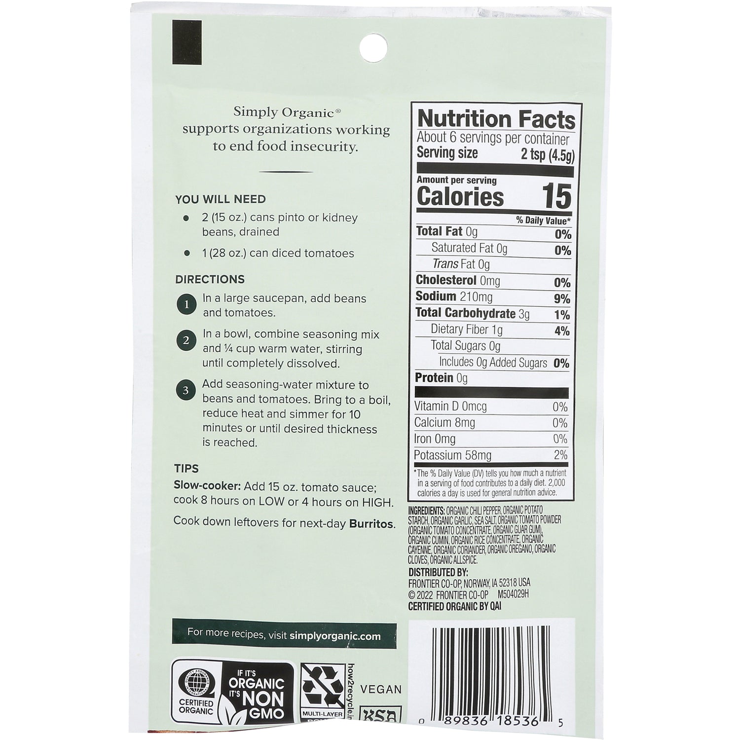SMP046 | Back of Simply Organic packet with Nutrition Facts, ingredients, and cooking directions