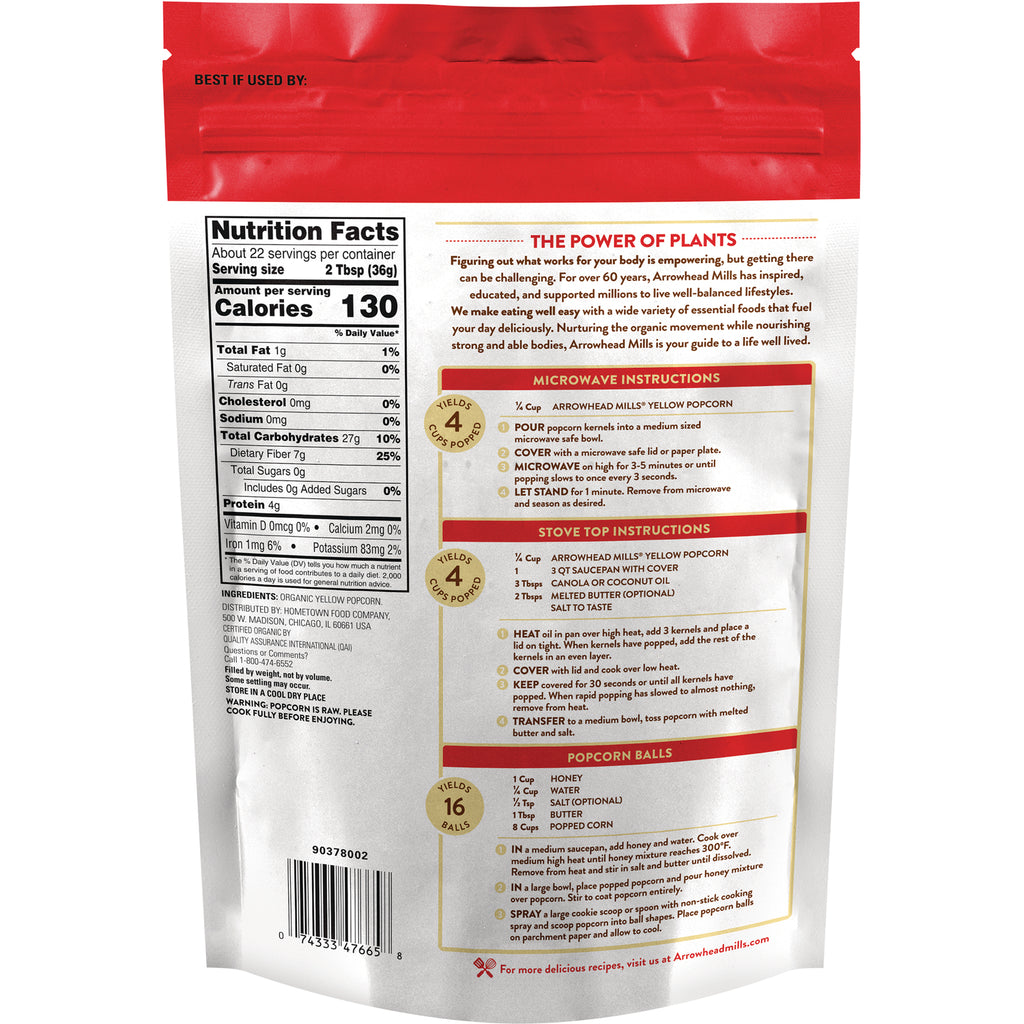 AHM012 | Back of Arrowhead Mills Yellow Popcorn bag with Nutrition Facts and cooking instructions - Thumbnail