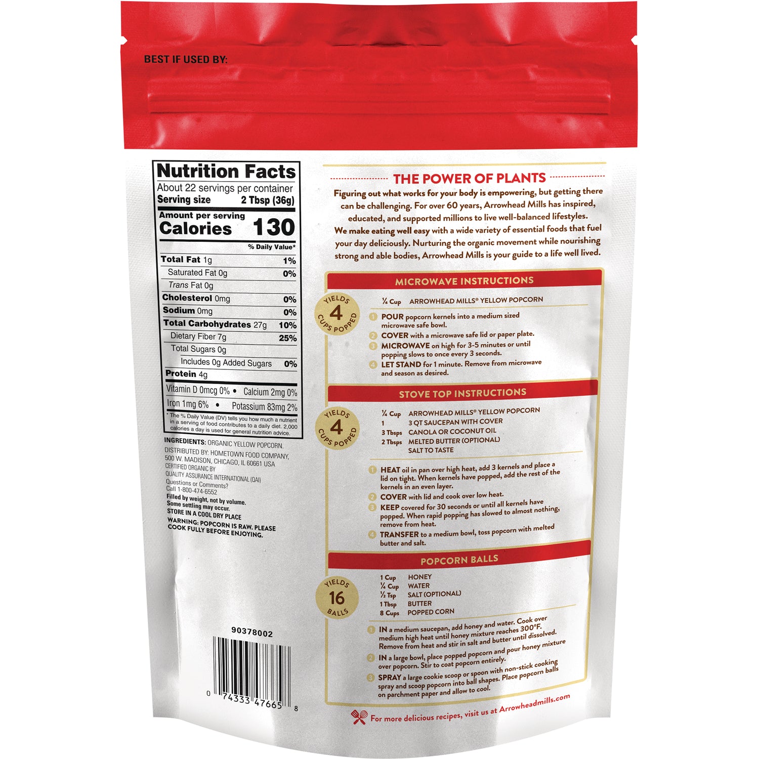 AHM012 | Back of Arrowhead Mills Yellow Popcorn bag with Nutrition Facts and cooking instructions