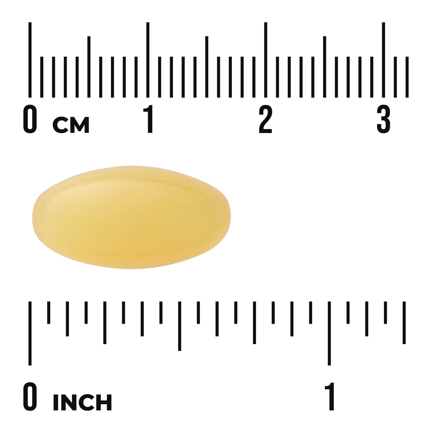 SWU503 | Yellow softgel capsule shown to scale with cm and inch rulers