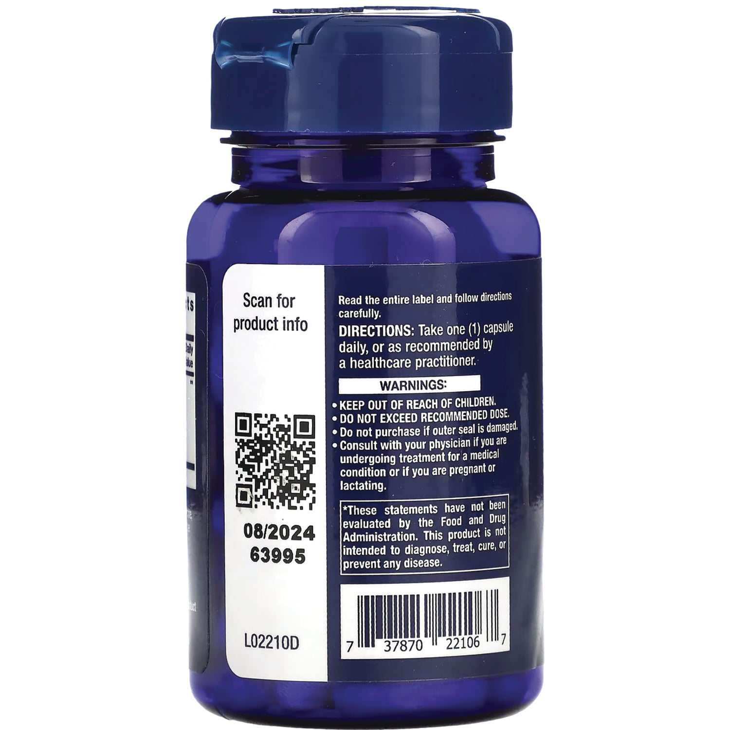 LE558 | back label of blue supplement bottle showing directions, warnings, QR code, barcode and expiration 08/2024