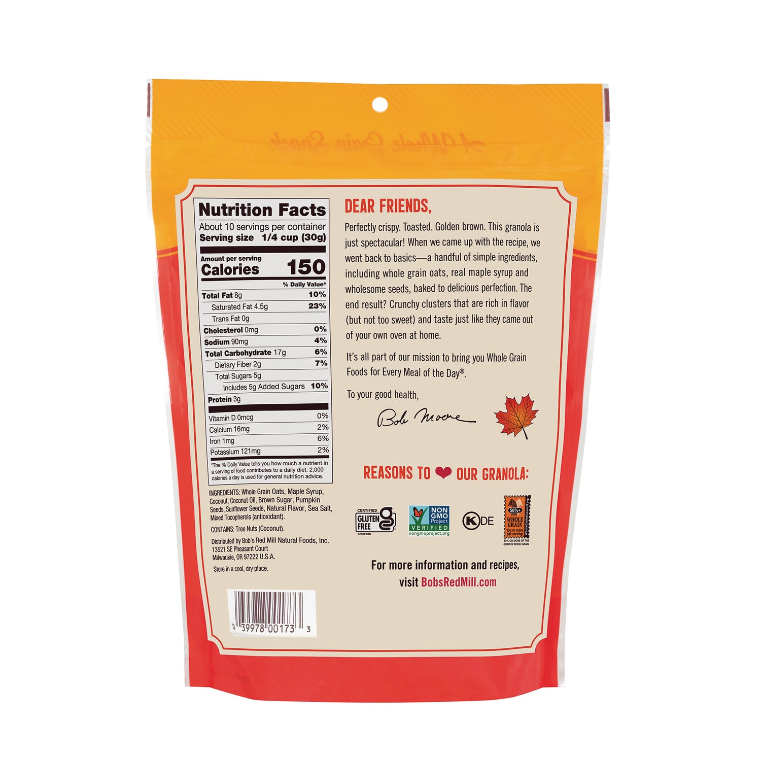BOB473 | Back of granola pouch showing nutrition facts panel, ingredients, barcode, and brand message