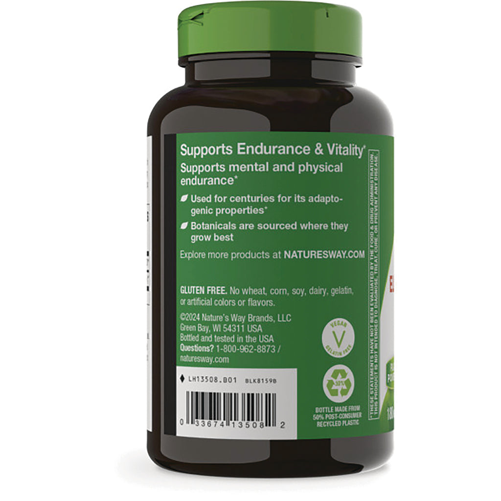 NW740 | Back of brown supplement bottle with green label reading Supports Endurance & Vitality and barcode - Thumbnail