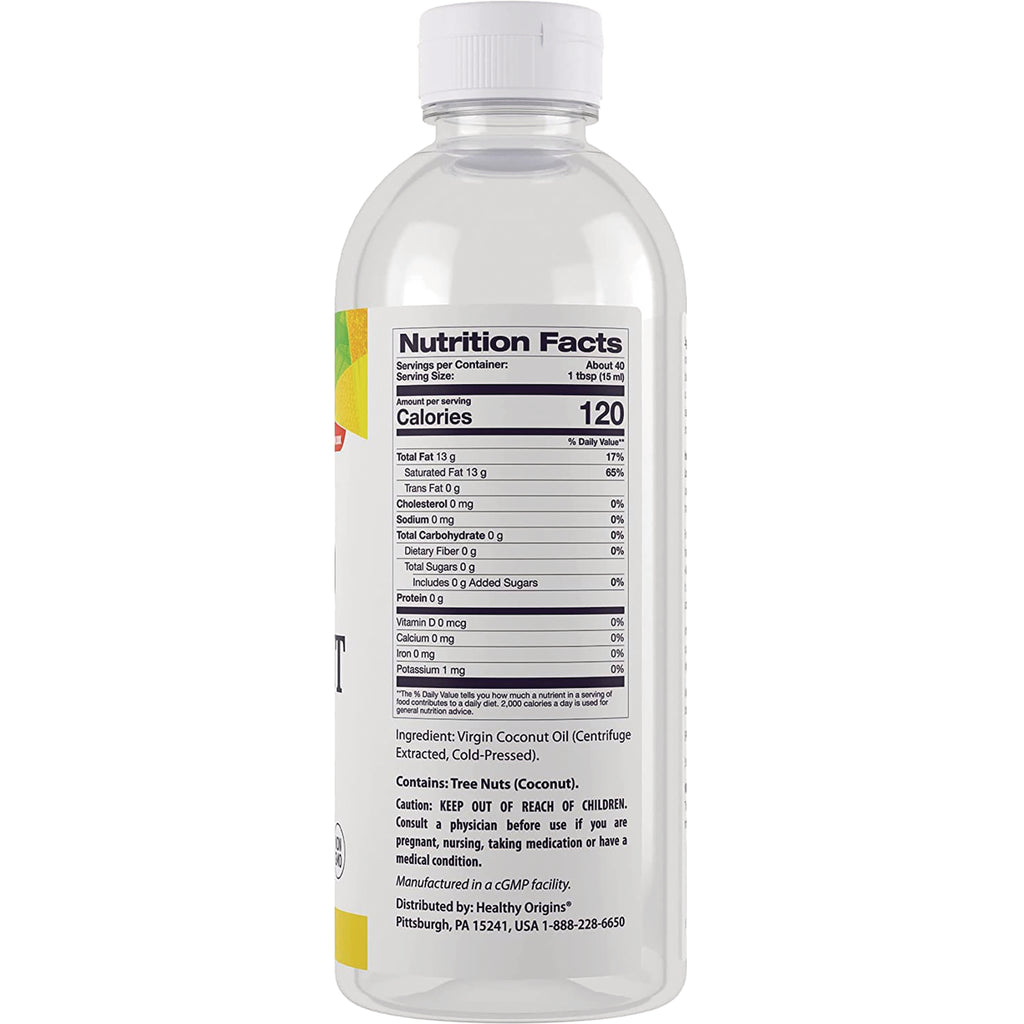 HRG088 | Back of clear bottle showing Nutrition Facts panel and ingredient and caution text for virgin coconut oil - Thumbnail