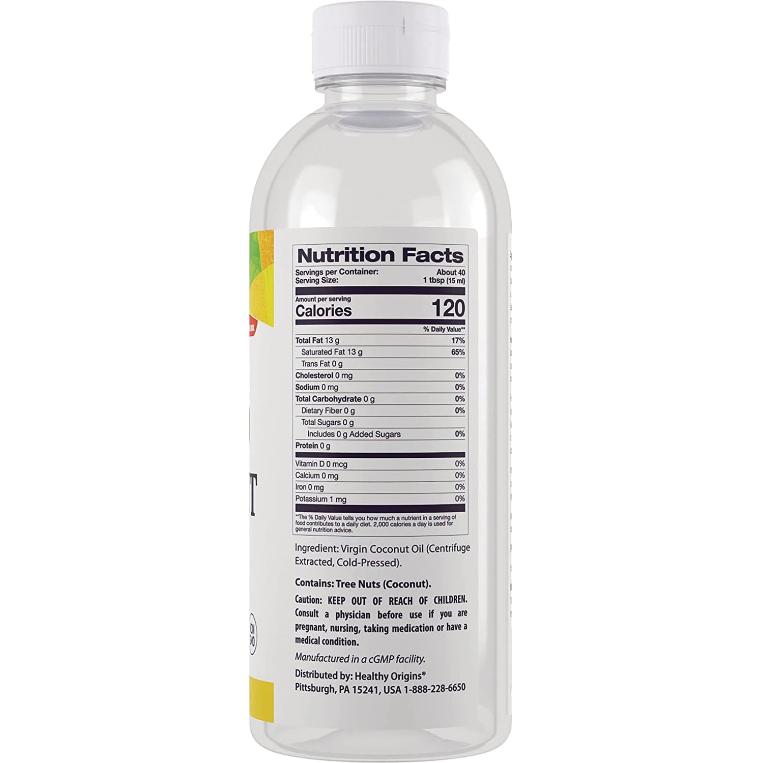 HRG088 | Back of clear bottle showing Nutrition Facts panel and ingredient and caution text for virgin coconut oil