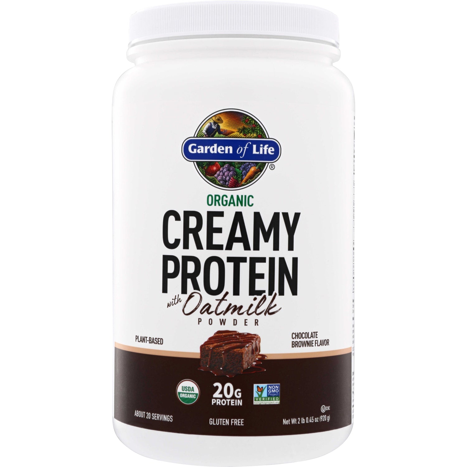 GLF376 | Garden of Life Organic Creamy Protein with Oatmilk powder, Chocolate Brownie flavor tub