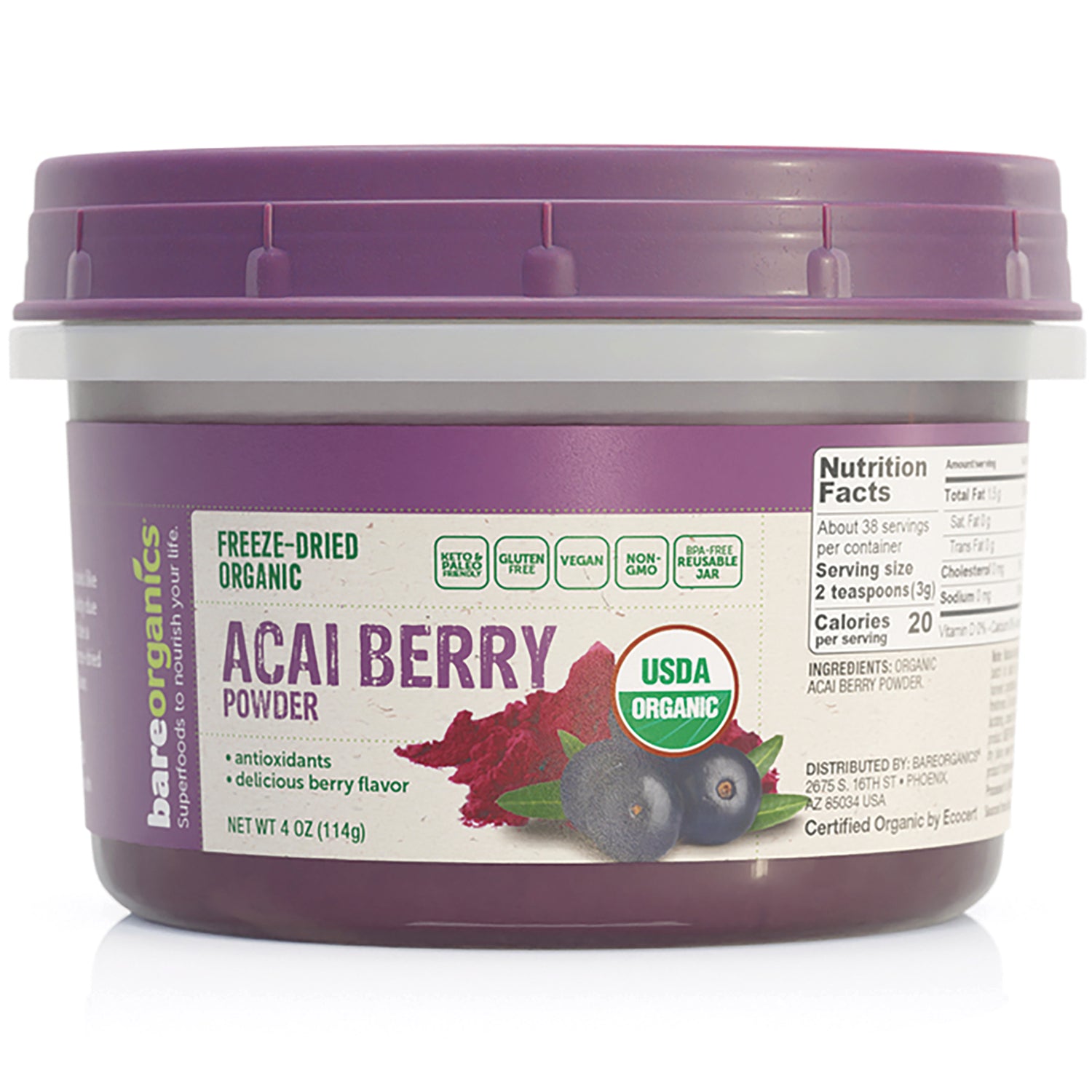 BOR009 | Front view of jar of freeze-dried organic acai berry powder with purple lid and USDA Organic label